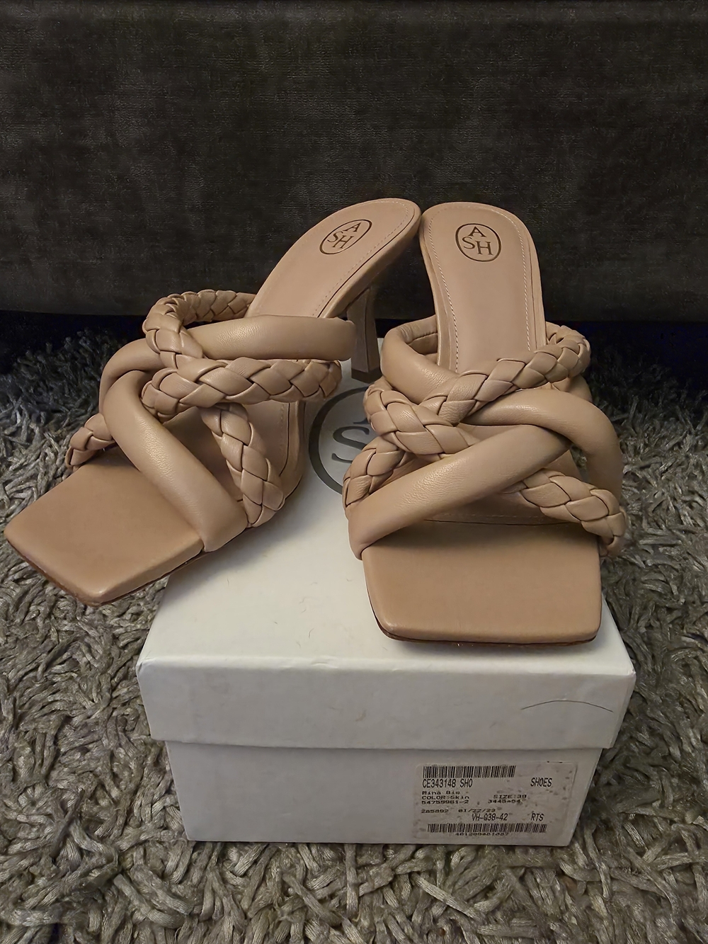 ASH Tan Braided Strap Square-Toe Heeled Mules